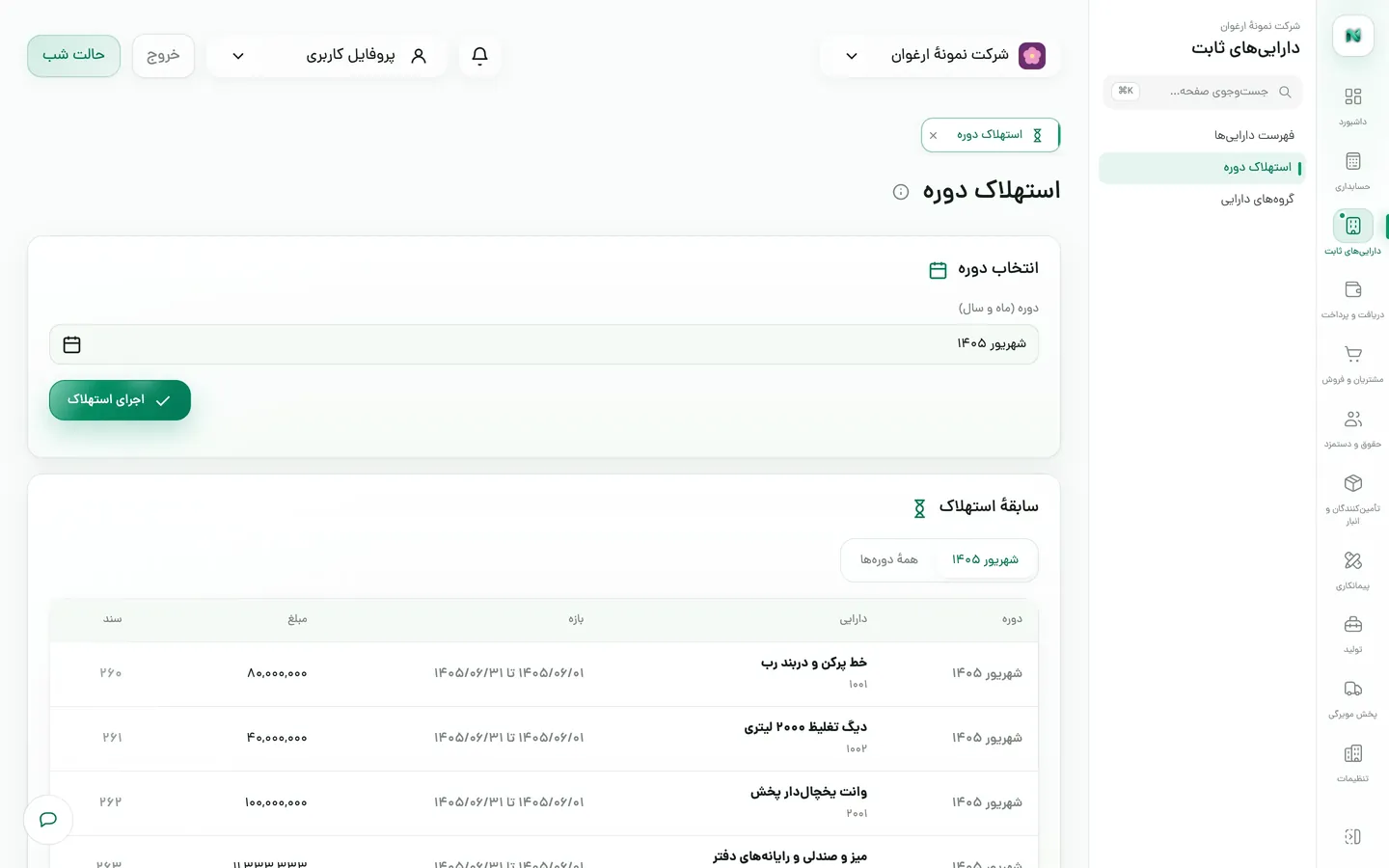 استهلاک ماهانهٔ دارایی‌ها با شمارهٔ سند