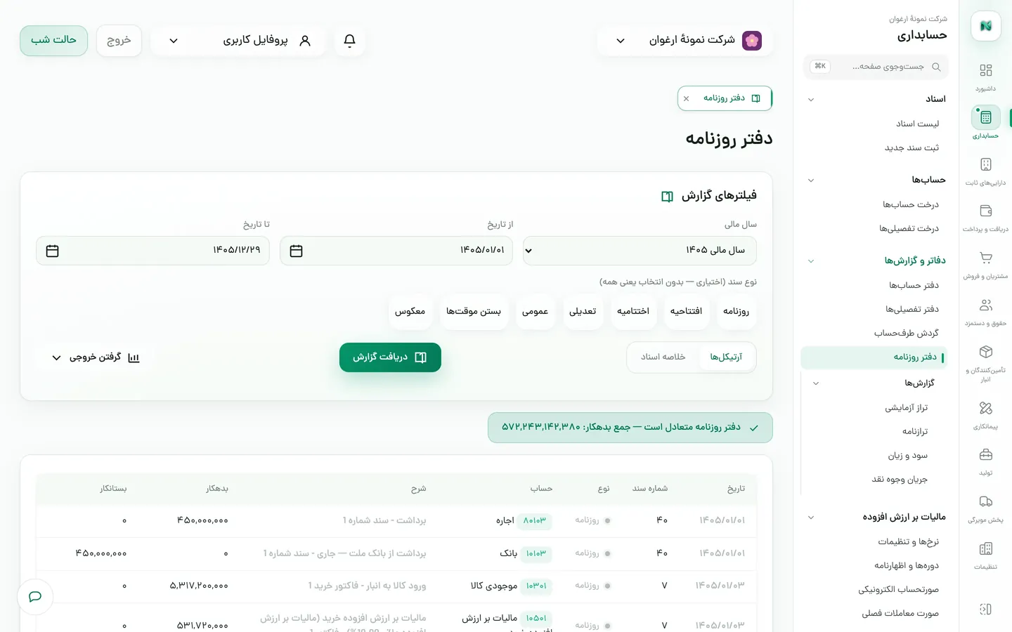 دفتر روزنامه با اسناد دوره و وضعیت تعادل