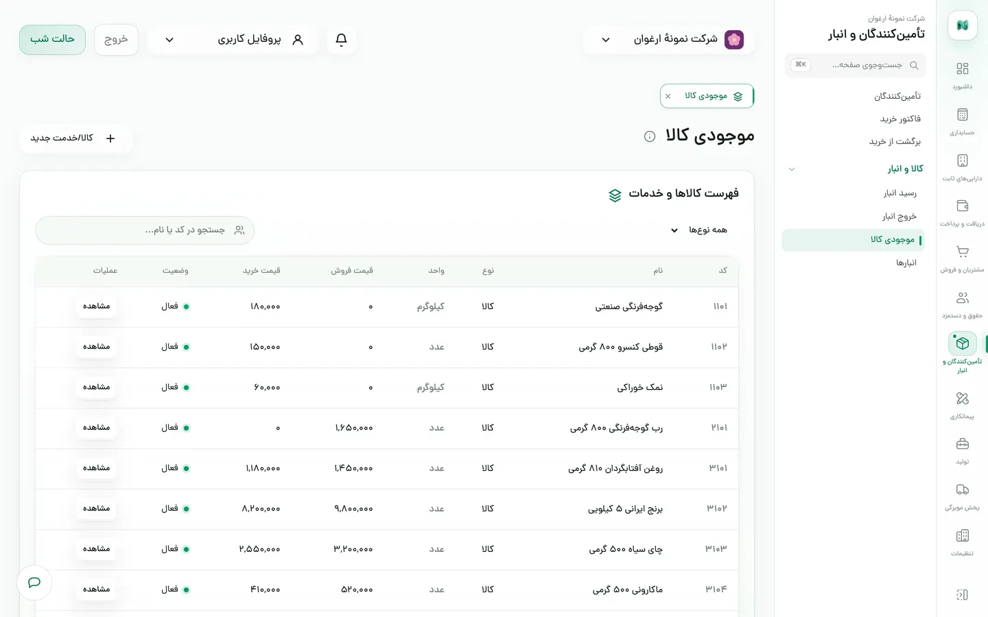 فهرست کالاها با واحد، قیمت فروش و قیمت خرید